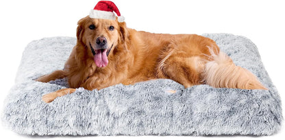 Fluffy Dog Crate Bed for Extra Large Dogs, Plush Faux Fur Pad, Calming anti Anxiety XL Bed for Crate, Washable Soft Warm Dog Mat with Non-Slip Bottom, Grey