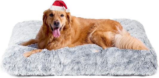 Fluffy Dog Crate Bed for Extra Large Dogs, Plush Faux Fur Pad, Calming anti Anxiety XL Bed for Crate, Washable Soft Warm Dog Mat with Non-Slip Bottom, Grey