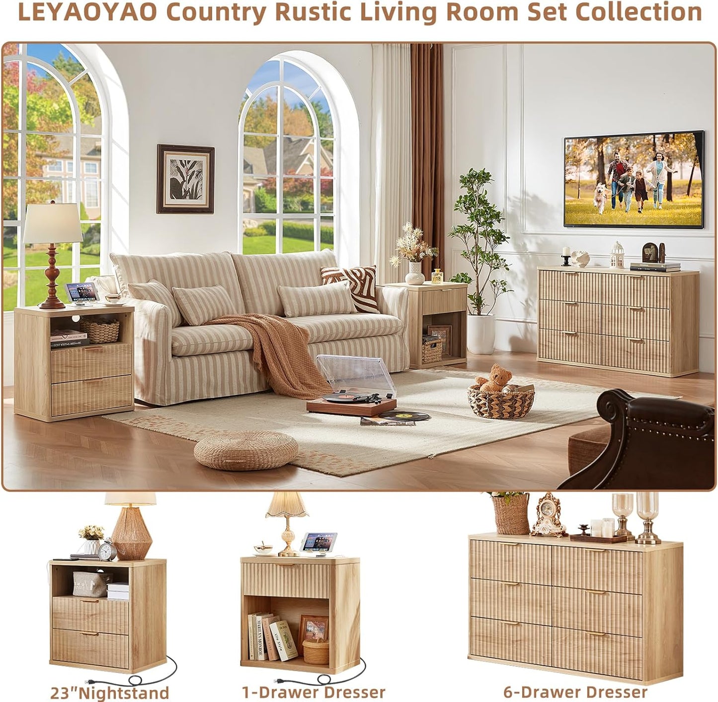 Fluted Farmhouse Nightstand Set of 2 with Charging Station, 23" Wide 1 Drawers End Table,Natural Dresser for Bedroom,Bed Side Table Chest of Drawers Cabinet,Wood Night Stand for Living Room