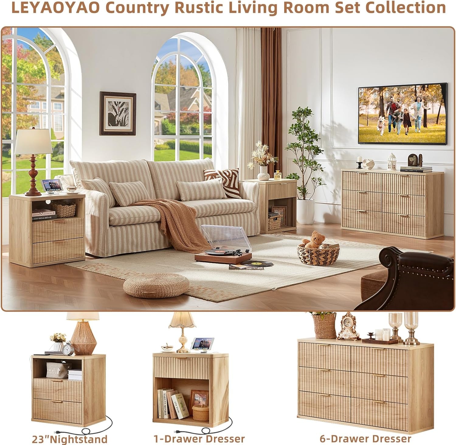 Fluted Farmhouse Nightstand Set of 2 with Charging Station, 23" Wide 1 Drawers End Table,Natural Dresser for Bedroom,Bed Side Table Chest of Drawers Cabinet,Wood Night Stand for Living Room