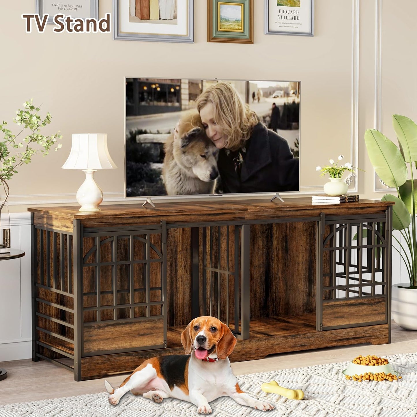 78 Inch Double Dog Crate Furniture, Extra Large Dog Kennel Indoor for 2 Dogs, Heavy Duty Dog Cage with Divider, Wooden Dog House Decorative Table TV Stand for Xlarge Dogs (Cognac Brown)