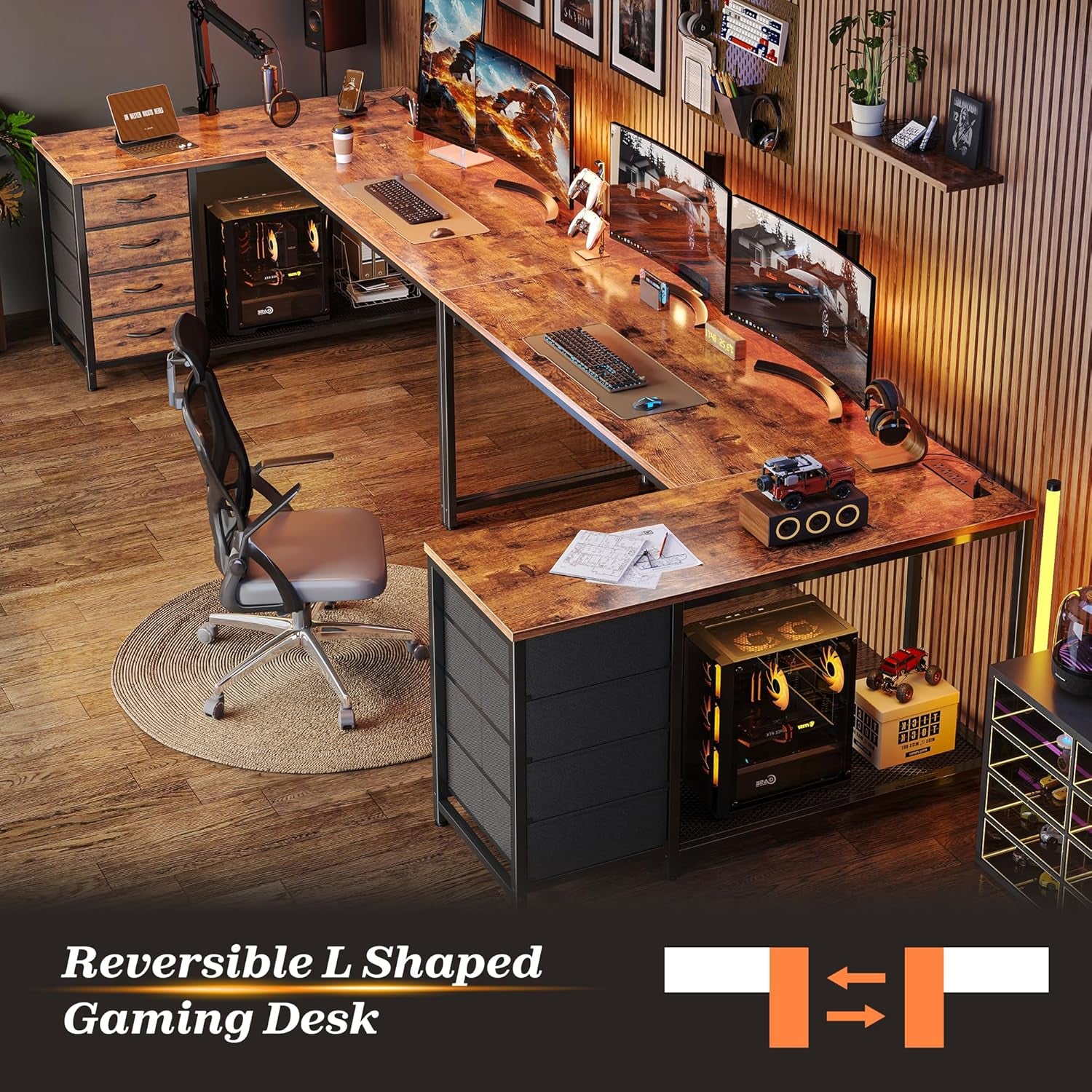 61" L Shaped Desk with Power Outlets and USB-C Port, Reversible Computer Corner Office Desk with 4 Fabric Drawers and 2 Height-Adjustable Shelves, Large for Gaming Writing Study, Rustic Brown