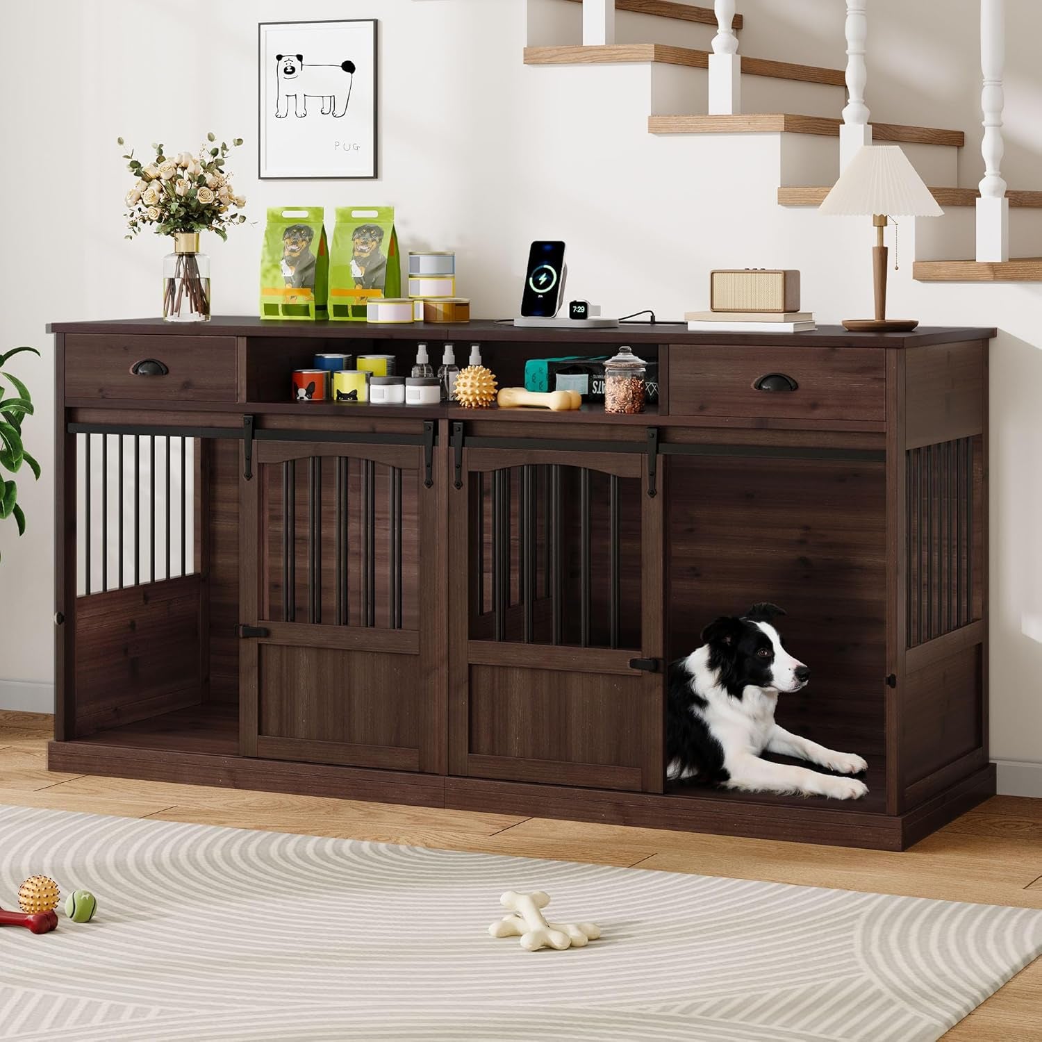 70.86" Double Dog Crate Furniture with Storage for 2 Medium Large Dogs Farmhouse Wooden Dog Kennel Furniture with 2 Sliding Doors Divider & Power Outlets Decorative Dog Cage TV Stand Brown