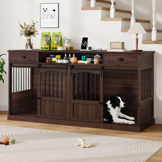 70.86" Double Dog Crate Furniture with Storage for 2 Medium Large Dogs Farmhouse Wooden Dog Kennel Furniture with 2 Sliding Doors Divider & Power Outlets Decorative Dog Cage TV Stand Brown