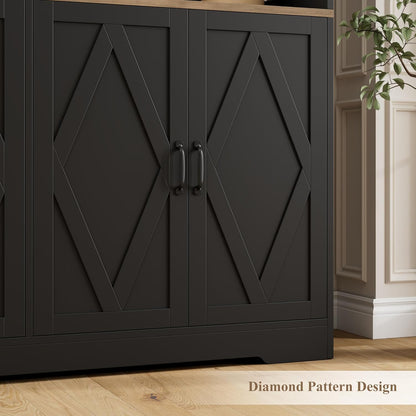 71" Tall Pantry Cabinet, 55" Wide Kitchen Pantry Storage Cabinet, Large Kitchen Hutch with 2 Microwave Stands, Farmhouse Coffee Bar Station with Doors and Shelves for Dining Room, Black