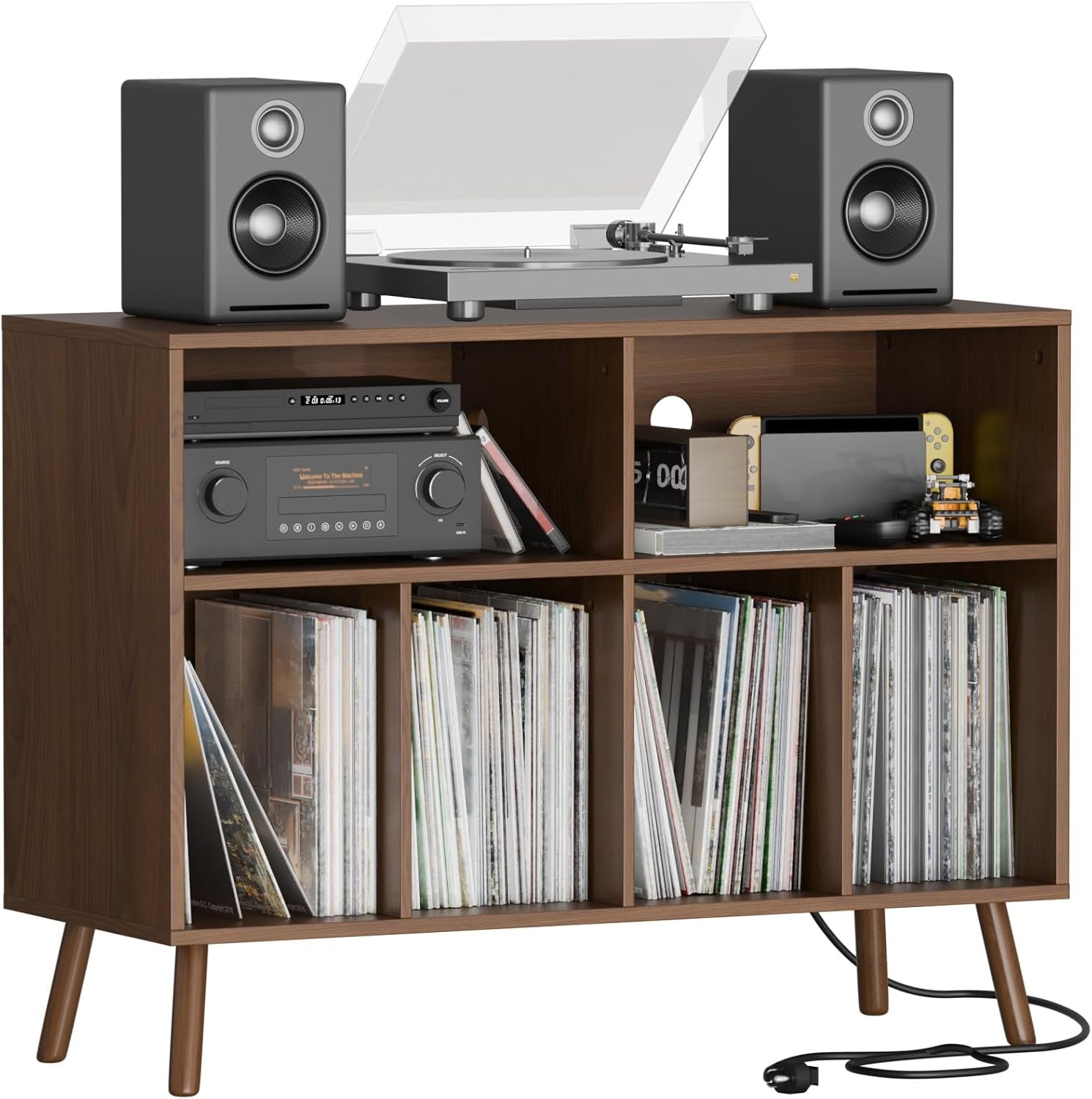 Record Player Stand with Vinyl Storage Cabinet, Wood Turntable Table Open Shelf Holder up to 350 Albums Cube Storage Organizer for Living Room, Office, Brown