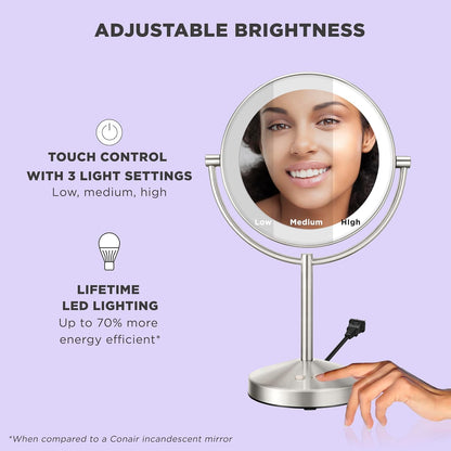 Lighted Makeup Mirror, Double-Sided LED Vanity Mirror with 1X/10X Magnification, 3 Light Settings, 3 Modes, 360° Rotation, Satin Nickel Finish