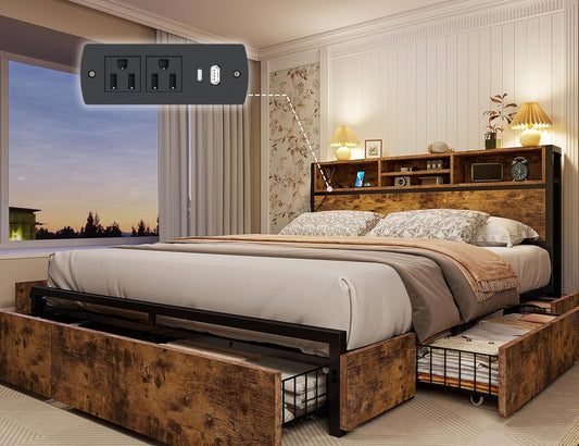 Queen Bed Frame with 6 Storage Drawers, Bed Frame Queen Size with Headboard & Charging Station, No Noise,No Box Springs Needed,Vintage Brown