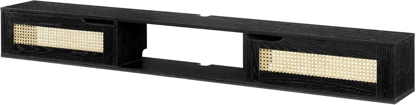 Destin Modern Rattan Flip-Down-Door Wall-Mounted Floating TV Stand for Tvs up to 80 Inches, 70 Inch, Black