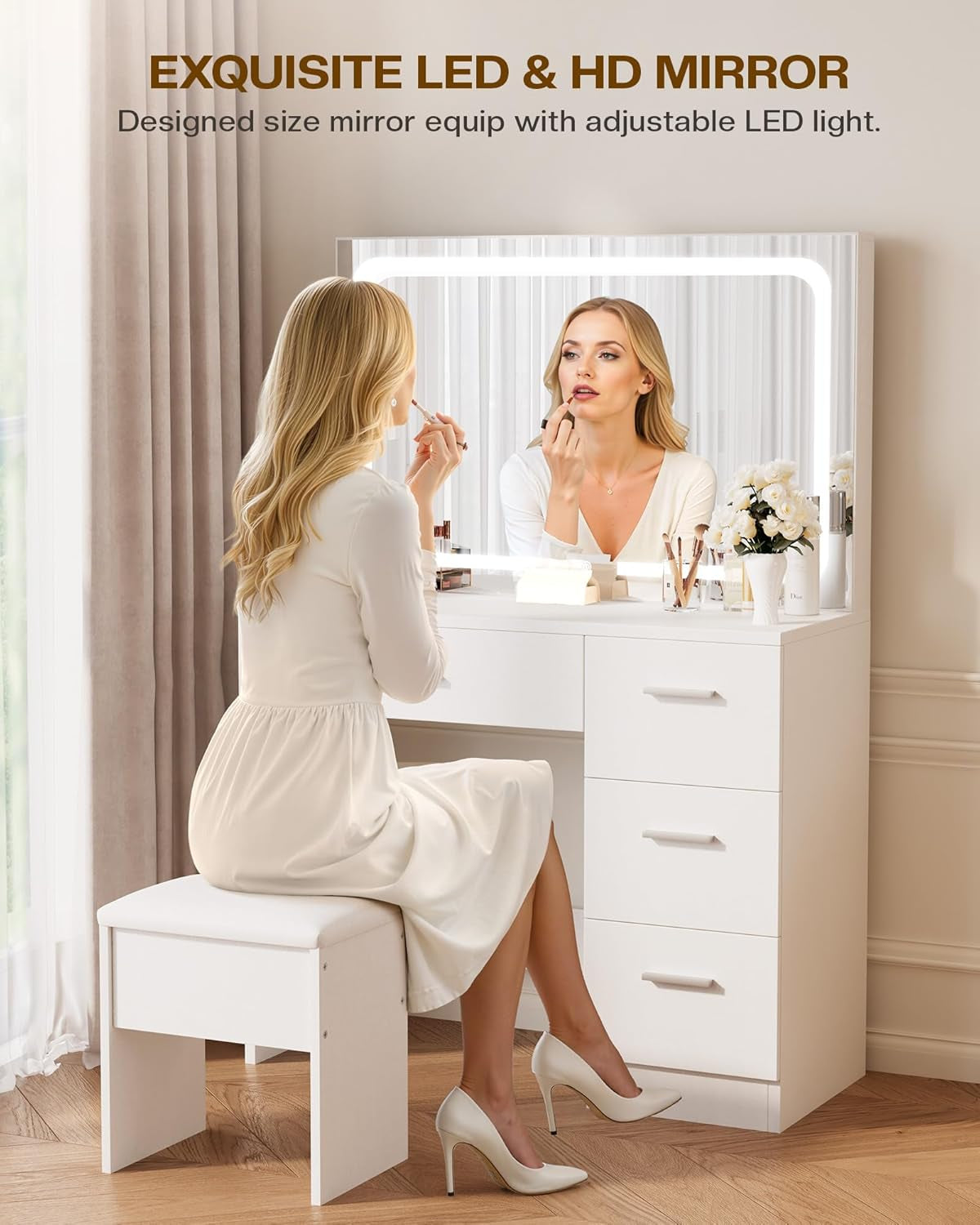 Vanity Desk with LED Mirror, Makeup Vanity with Drawer and Cushion Stool, Dressing Table for Bedrrom, White