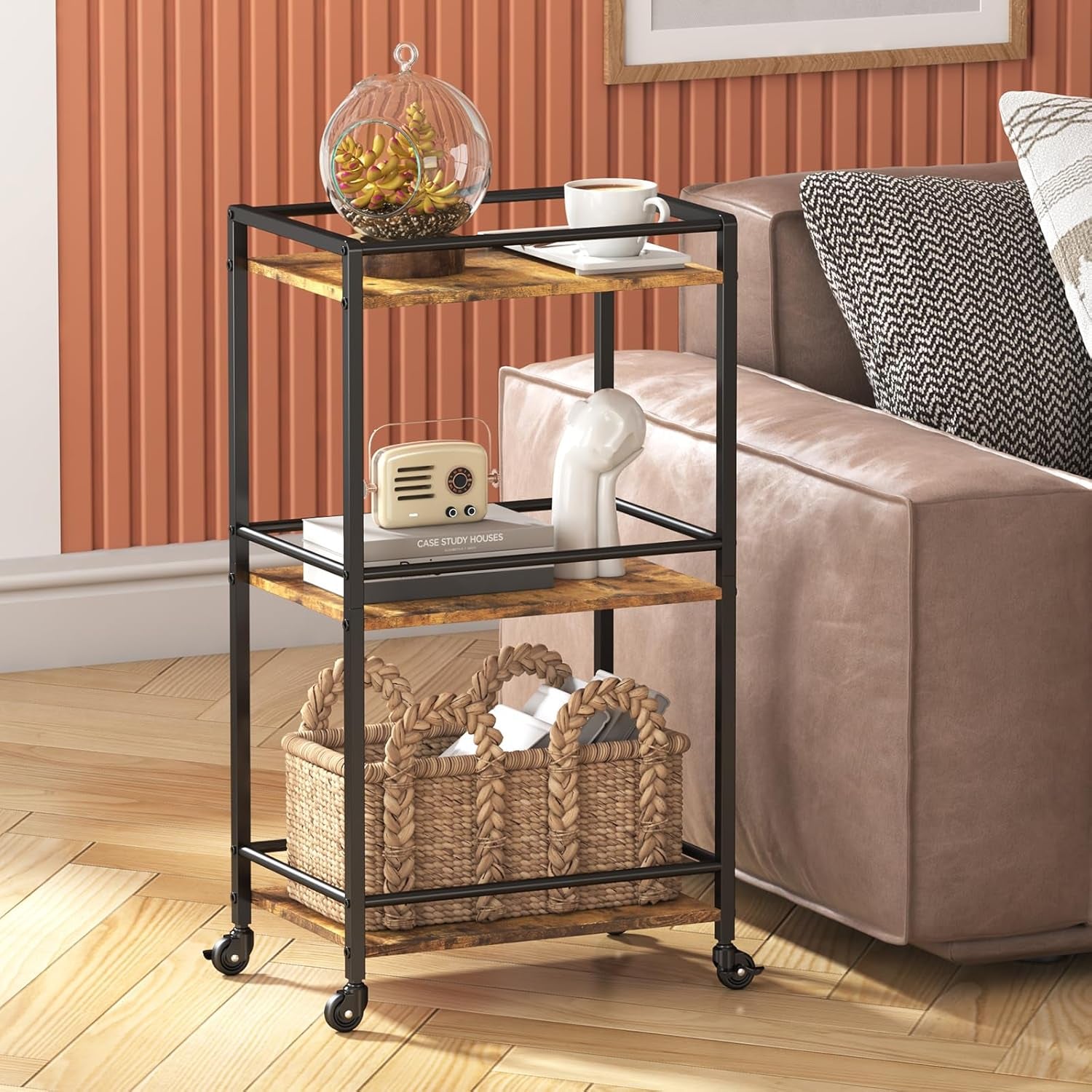 Bar Cart for the Home, 3 Tier Small Rolling Wine Cart, Drink Serving Cart with Lockable Wheels, Mini Liquor Utility Cart for Kitchen Dining Living Room, 17" X 11.8" X 32.1", Rustic Brown
