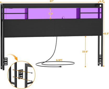Headboard for Queen Size Bed with Storage, Headboards with LED Light, Power Outlets, USB Ports Queen Size Head Board, Wood Headboard Only Sturdy and Stable Headboards, Modern, Black