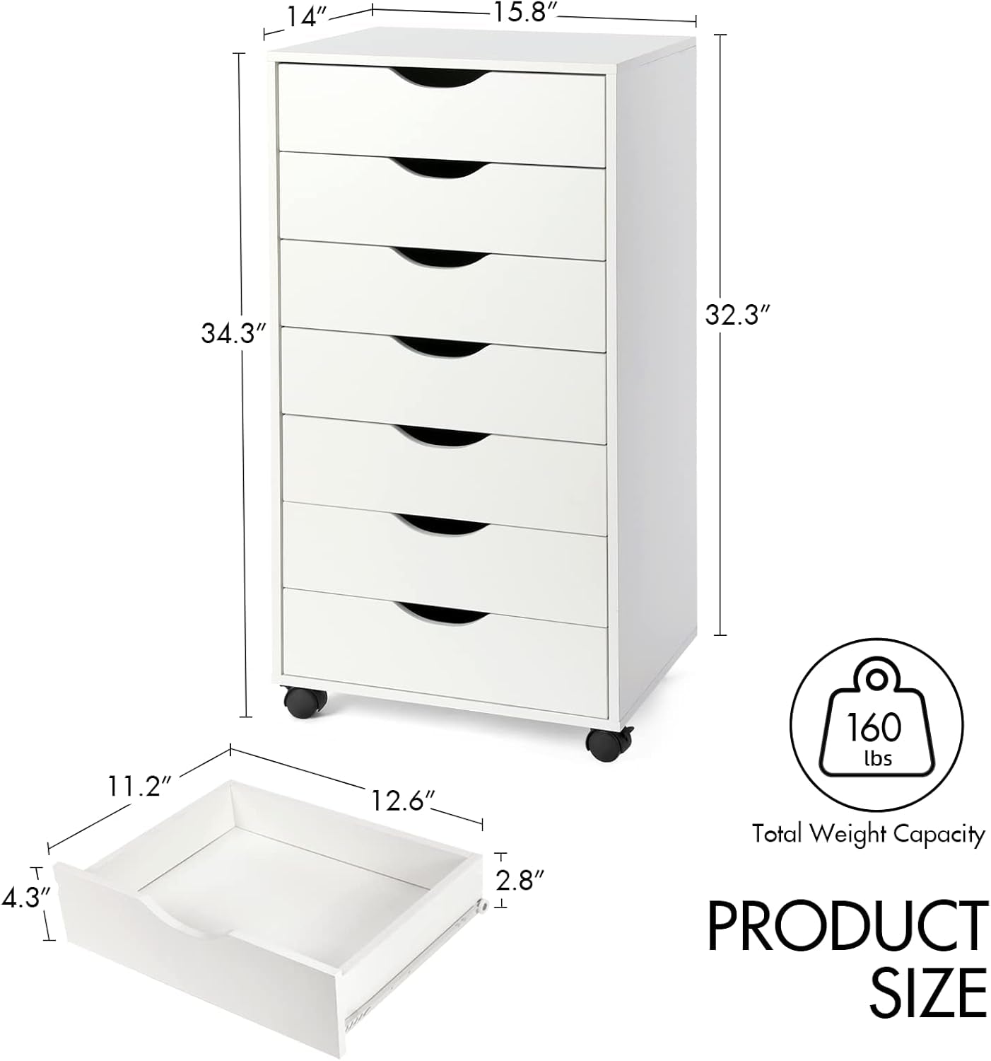 7-Drawer Organizer, Tall Chest of Drawers with Caster Wheels, Alex Drawers File for Home Office, White