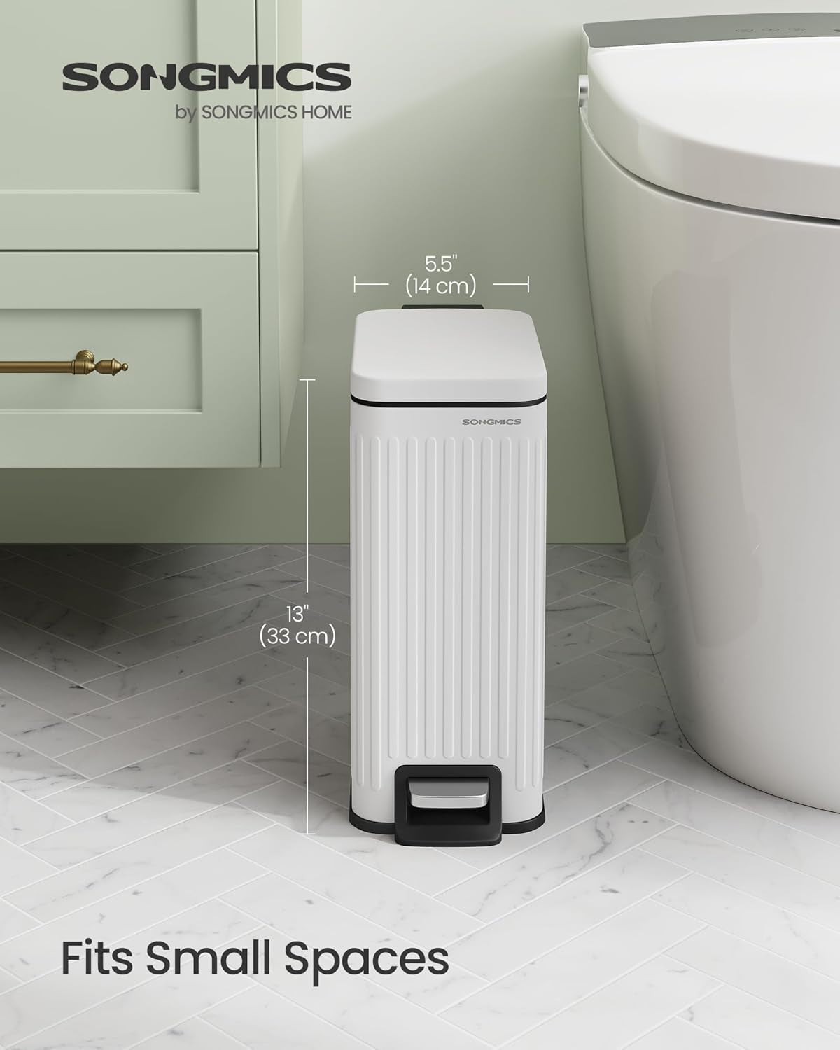 Bathroom Trash Can, 1.6-Gallon (6 L) Trash Bin with Lid, Slim for Small Spaces, Stainless Steel Garbage Can, Soft Close, White ULTB563W02