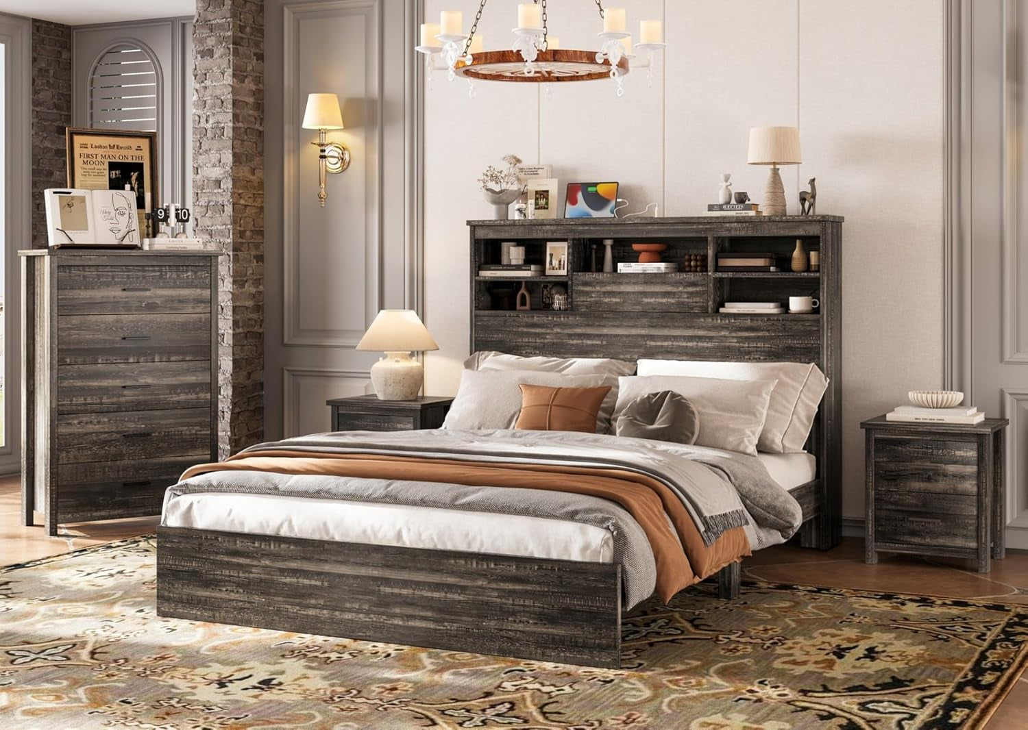 4-Pcs Queen Size Bed Frame Dresser Night Stand Bedroom Set, Platform with USB Charging Ports Storage Headboard & 1 X 5 Drawers Cabinet & 2 X Nightstands, Wooden, Antique Grey