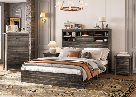4-Pcs Queen Size Bed Frame Dresser Night Stand Bedroom Set, Platform with USB Charging Ports Storage Headboard & 1 X 5 Drawers Cabinet & 2 X Nightstands, Wooden, Antique Grey