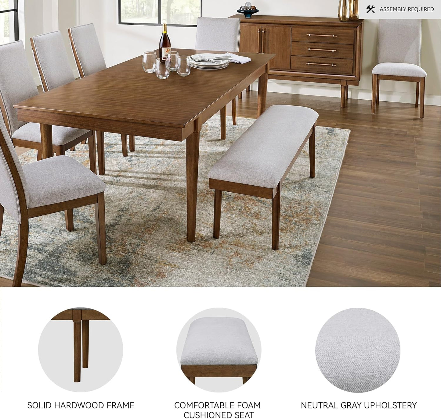 Lyncott 59" Upholstered Solid Wood Frame Dining Bench, Gray/Brown