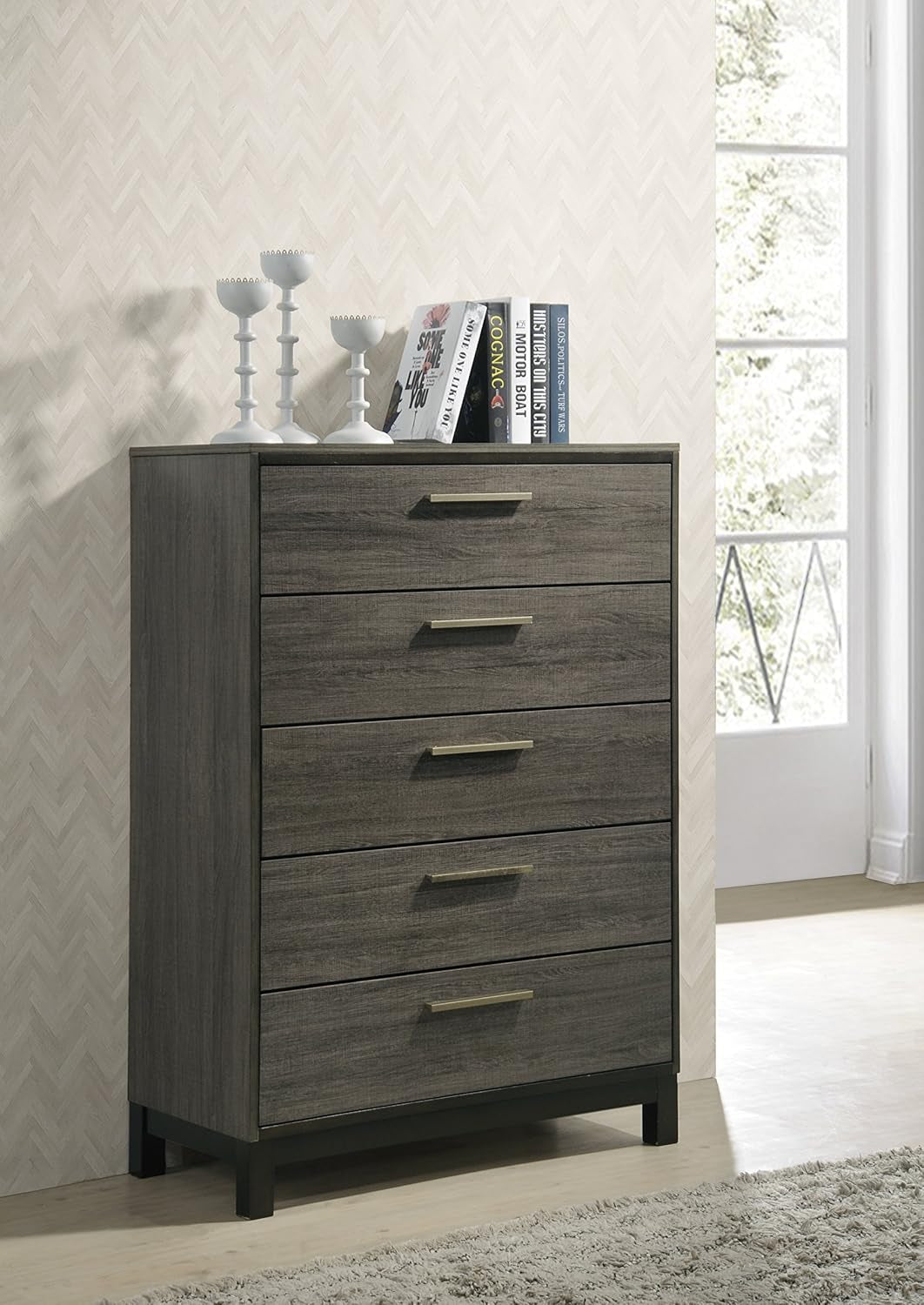 Ioana 187 Antique Grey Finish Wood Bed Room Set, King Size Bed, Dresser, Mirror, Night Stand, Chest
