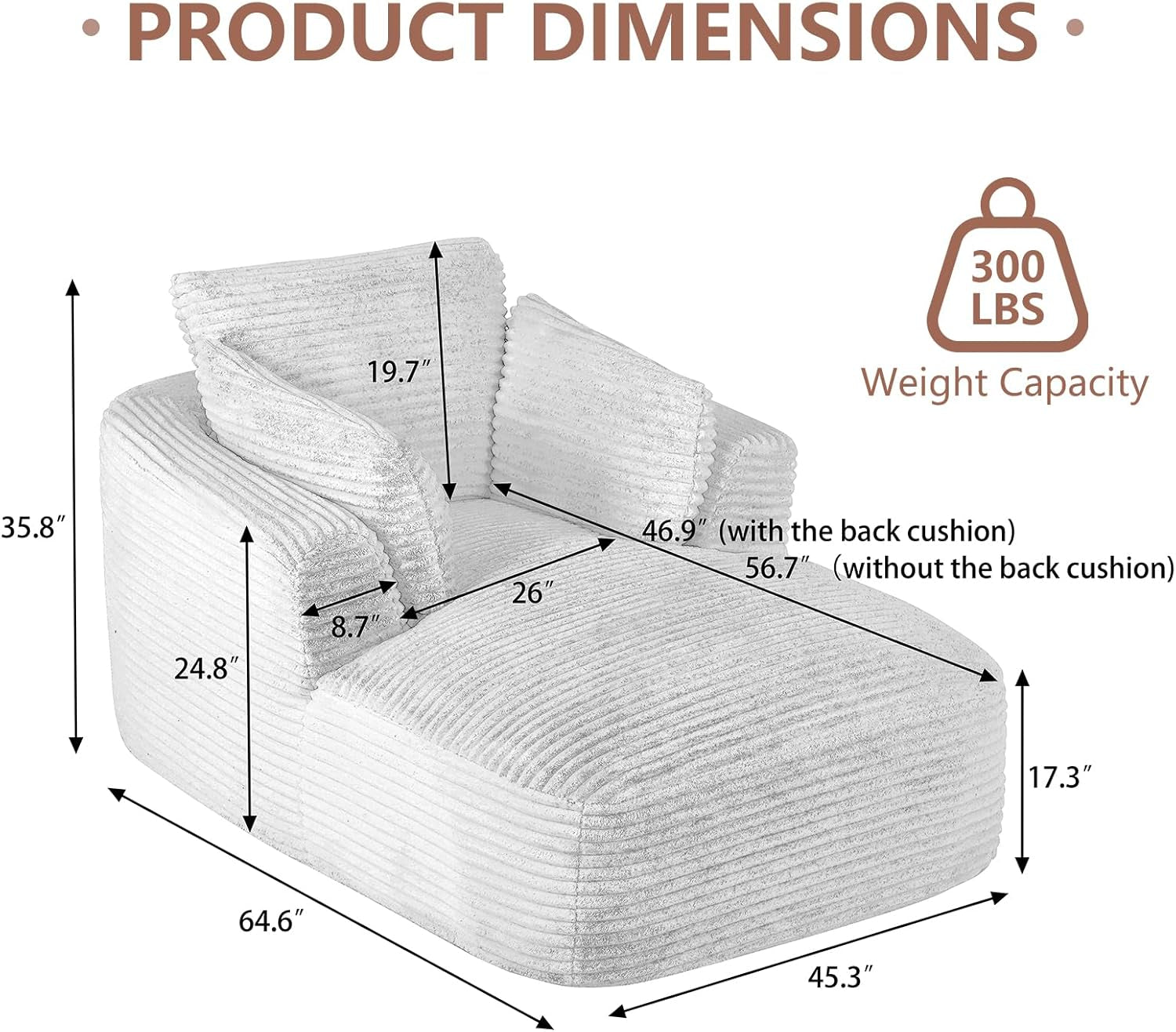 Oversized Chaise Lounge Chair Indoor, Corduroy Comfy Boneless Sleeper Sofa Couch with Pillows for Living Room Apartment Reading Nook, No Assembly Required, 45.3”W, Black