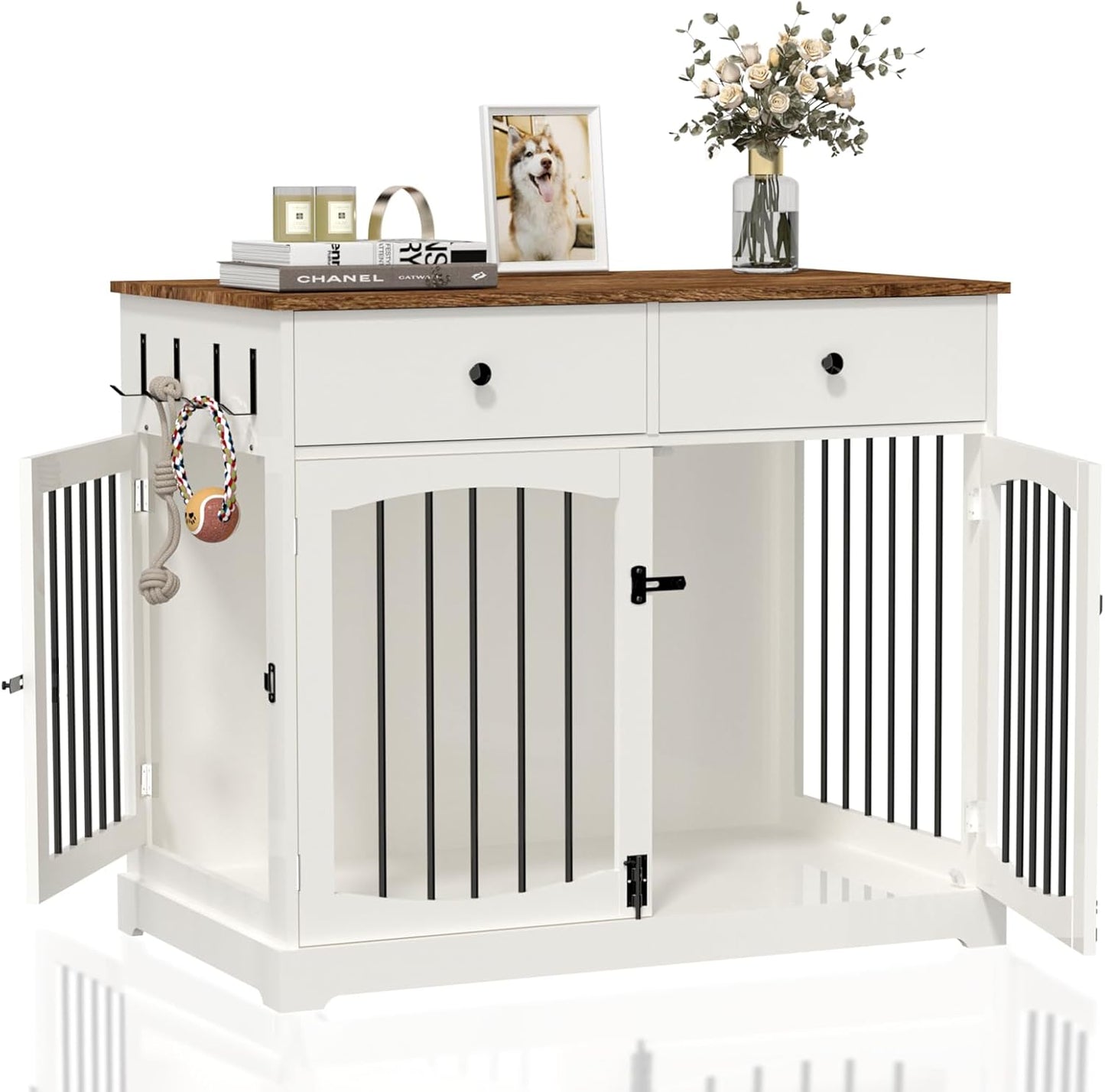 40 Inch Dog Crate Furniture-Farmhouse Dog Kennel with Drawers-End Table Wooden Pet Crate, Double Door Design, Decorative Dog House Indoor for Small Medium Large Dog, White
