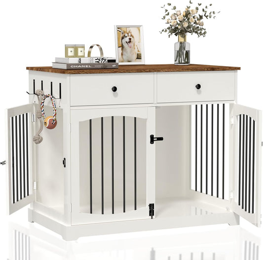 40 Inch Dog Crate Furniture-Farmhouse Dog Kennel with Drawers-End Table Wooden Pet Crate, Double Door Design, Decorative Dog House Indoor for Small Medium Large Dog, White