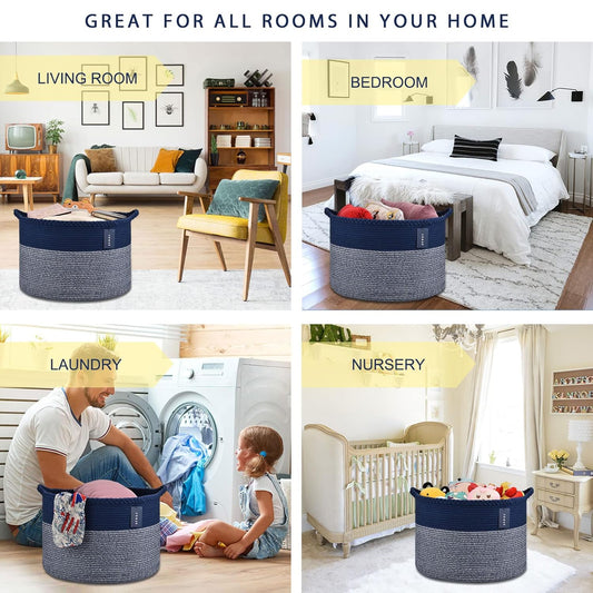 Extra Large Blanket Basket, Woven Laundry Basket, 21.7”X 13.8”, Nursery Hamper, Cotton Rope Laundry Hamper Living Room for Storage Toys Clothes Towels (Navy Blue)