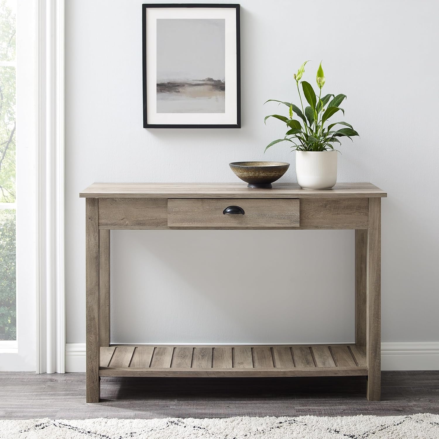 Rustic Wood Farmhouse Entryway Accent Table with Storage Drawer Entry Table Living Room End Table, 48 Inch, 32" H X 48" L X 16" W, Grey