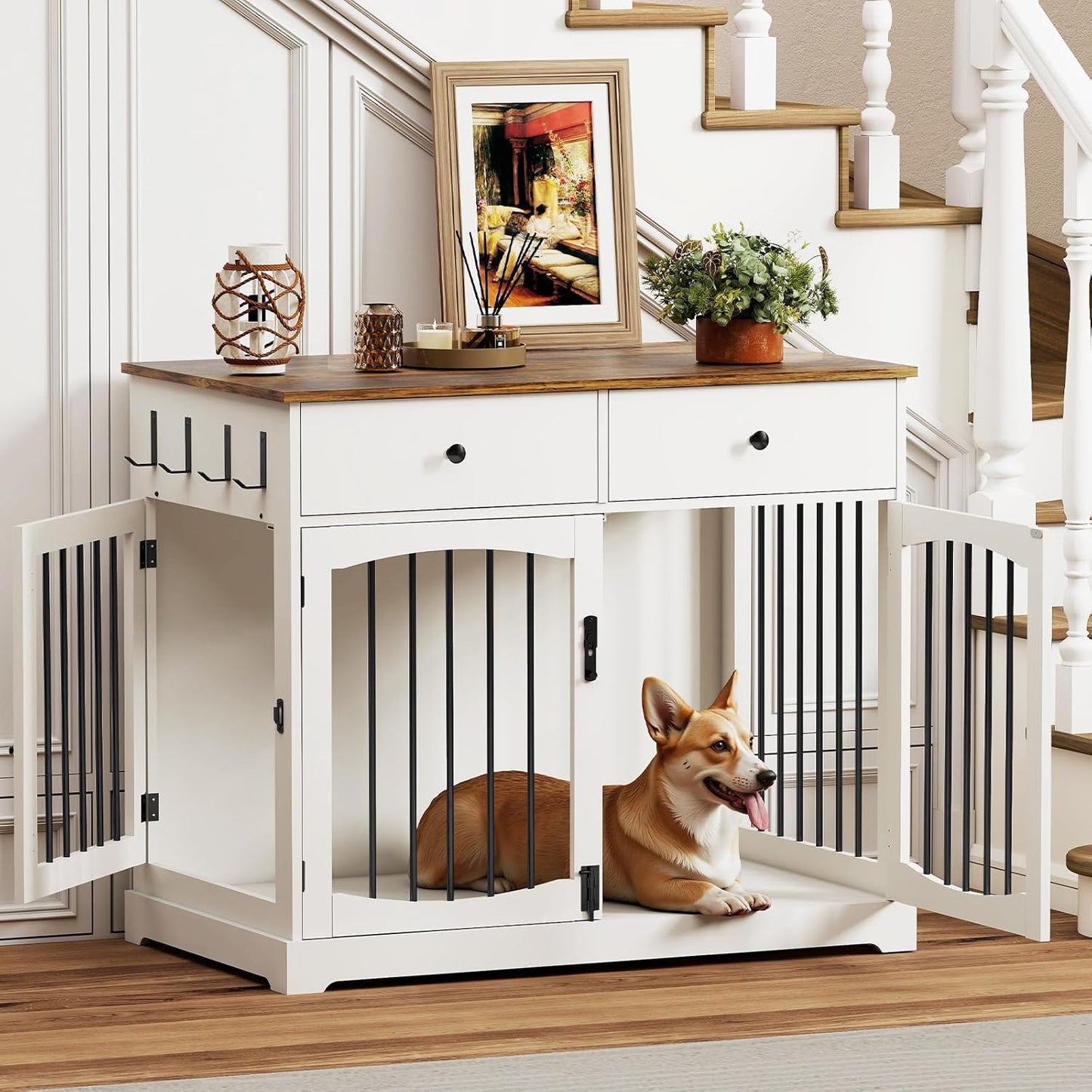 40" Dog Crate Furniture, Wooden Dog Kennel Furniture, Heavy-Duty Dog Crate End Table with Storage Drawers, Double Doors Decorative Pet Cage House Indoor for Small Medium Dog, Brown