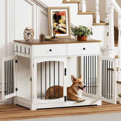 40" Dog Crate Furniture, Wooden Dog Kennel Furniture, Heavy-Duty Dog Crate End Table with Storage Drawers, Double Doors Decorative Pet Cage House Indoor for Small Medium Dog, Gray