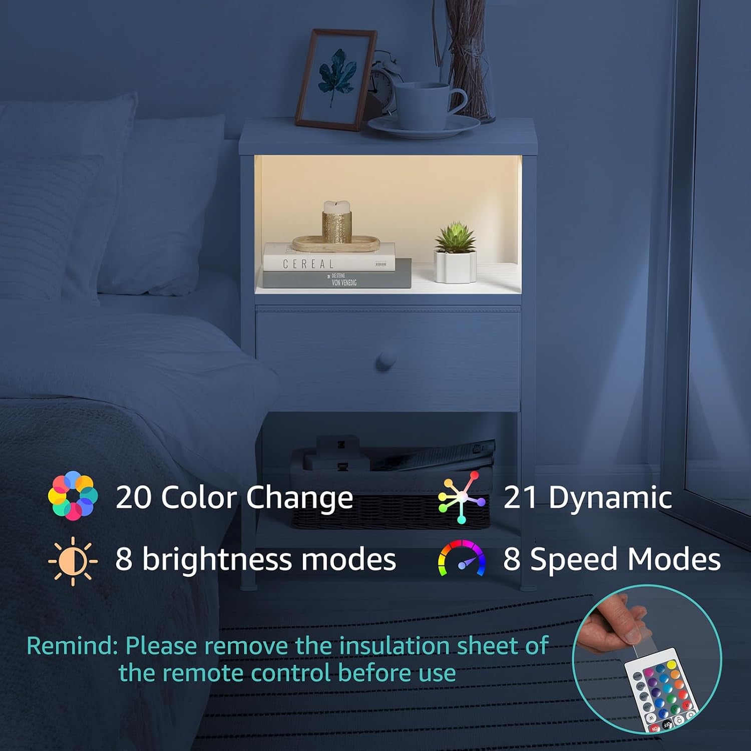 White Nightstand with Charging Station, LED Night Stand with Fabric Drawers and Shelf, Bedside Table with USB Ports and Outlets, Bedroom Nightstand Modern