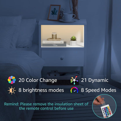 White Nightstand with Charging Station, LED Night Stand with Fabric Drawers and Shelf, Bedside Table with USB Ports and Outlets, Bedroom Nightstand Modern