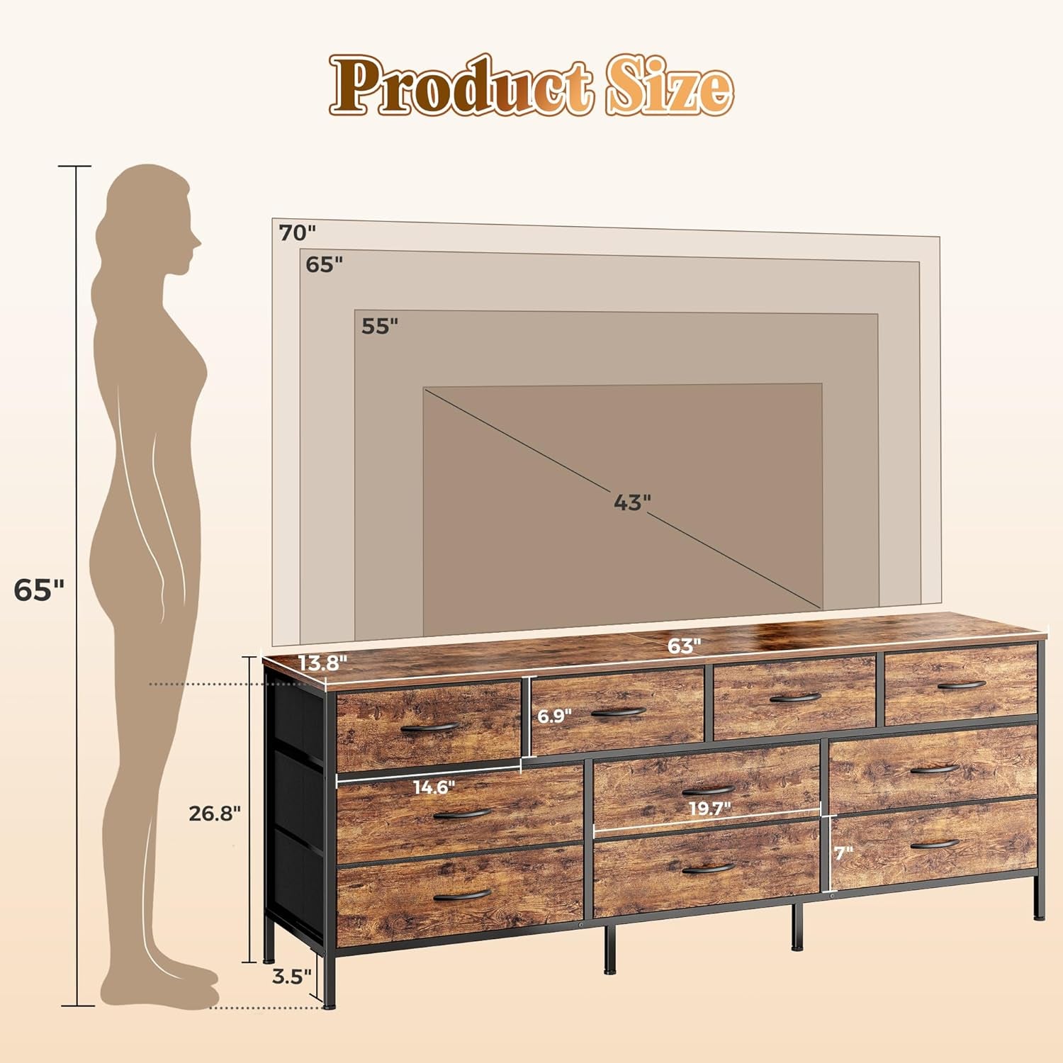 63 Inch Dresser for Bedroom, Long Dresser with 10 Fabric Drawers, TV Stand for 55, 65, 70 Inch TV, Toy Storage Organizer for Closet, Rustic Brown