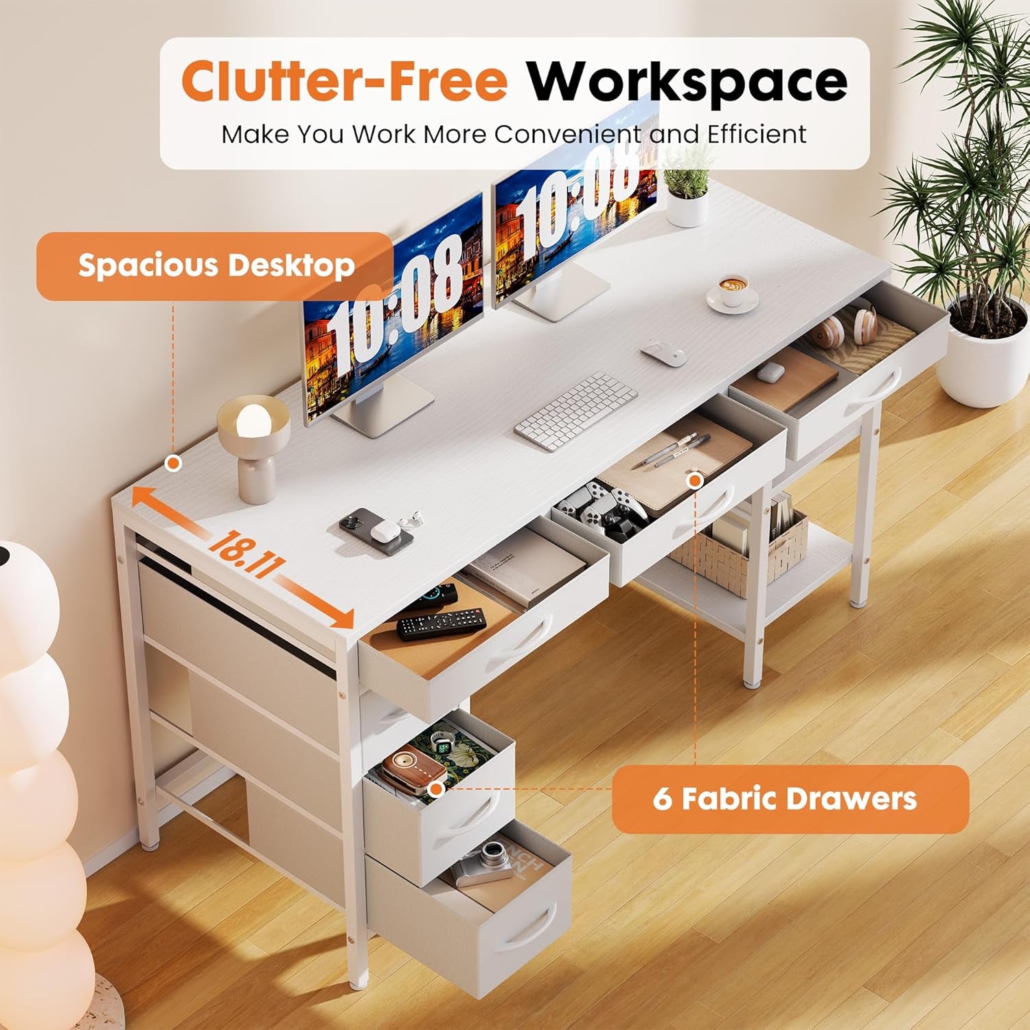 47" Computer Desk with 6 Drawers, Home Office Gaming Desks with Storage Shelves for Bedroom, Writing Study Corner Living Room Work Table White