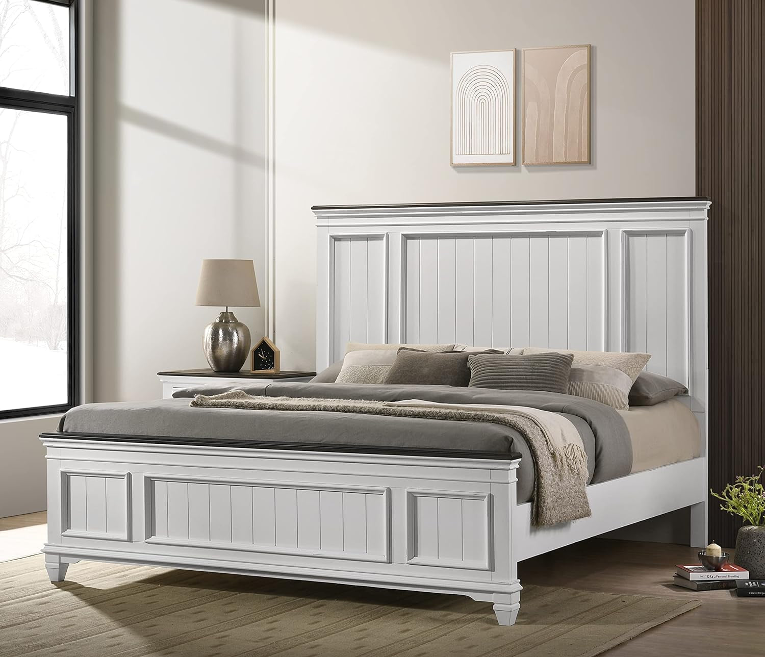 Clelane Shiplap Wood Panel Bed, King, Weathered White and Dark Gray