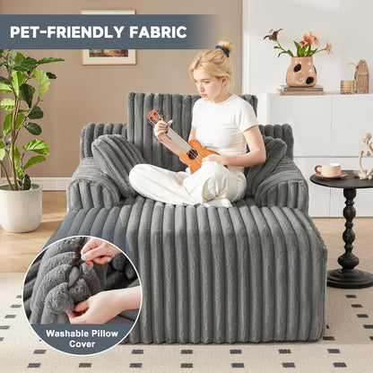 63" Oversized Chaise Lounge Chair Indoor, Boneless Couch Chair with 3 Pillows, Comfy Reading Chair with Wide Arms, No Assembly Required Corduroy Couch, Sleeper Sofa for Living Room, Gray
