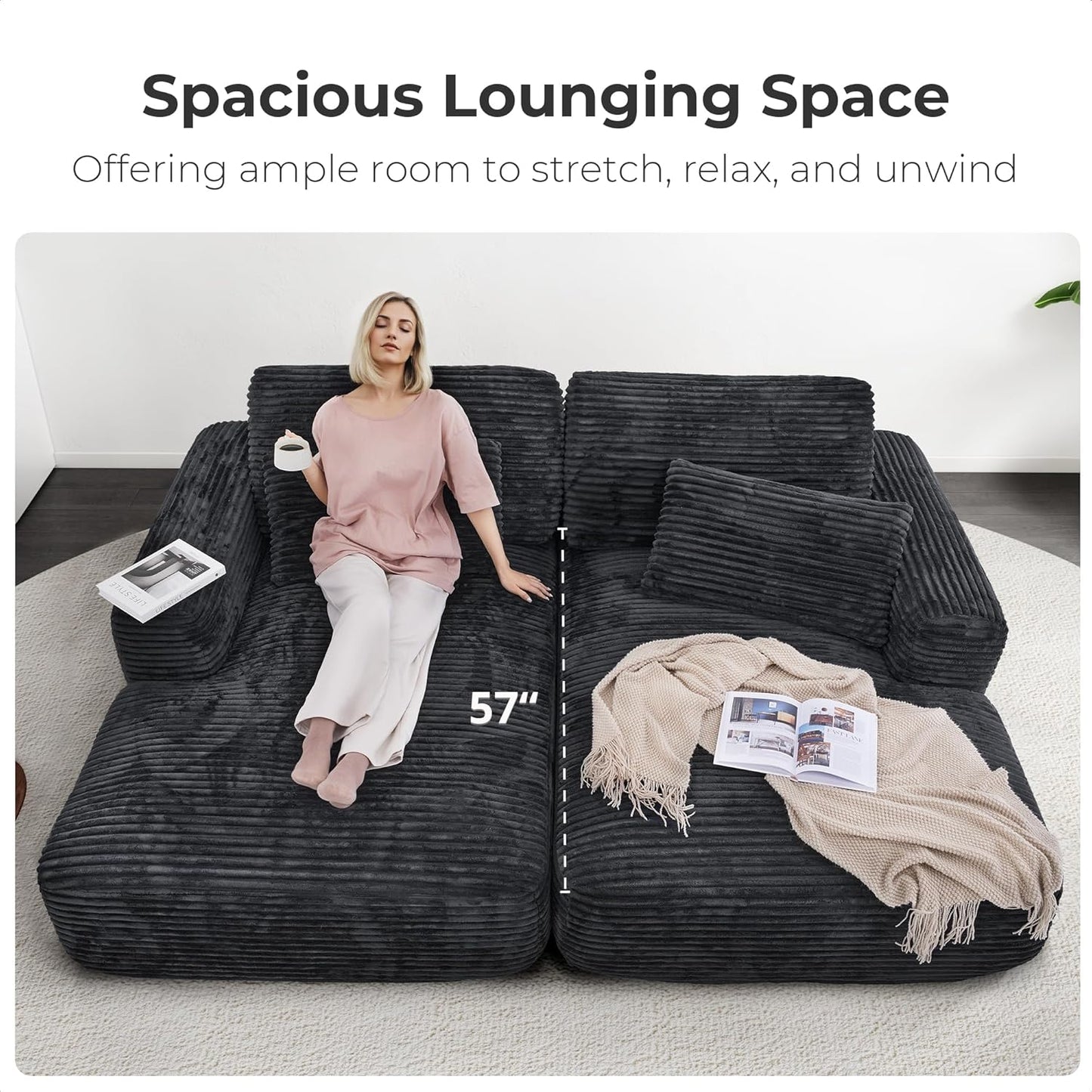 93" Double Chaise Lounge Sofa Bed - Plush Corduroy, No Assembly, Deep Seat Cloud Couch for Living Room, Home Theater (Black)