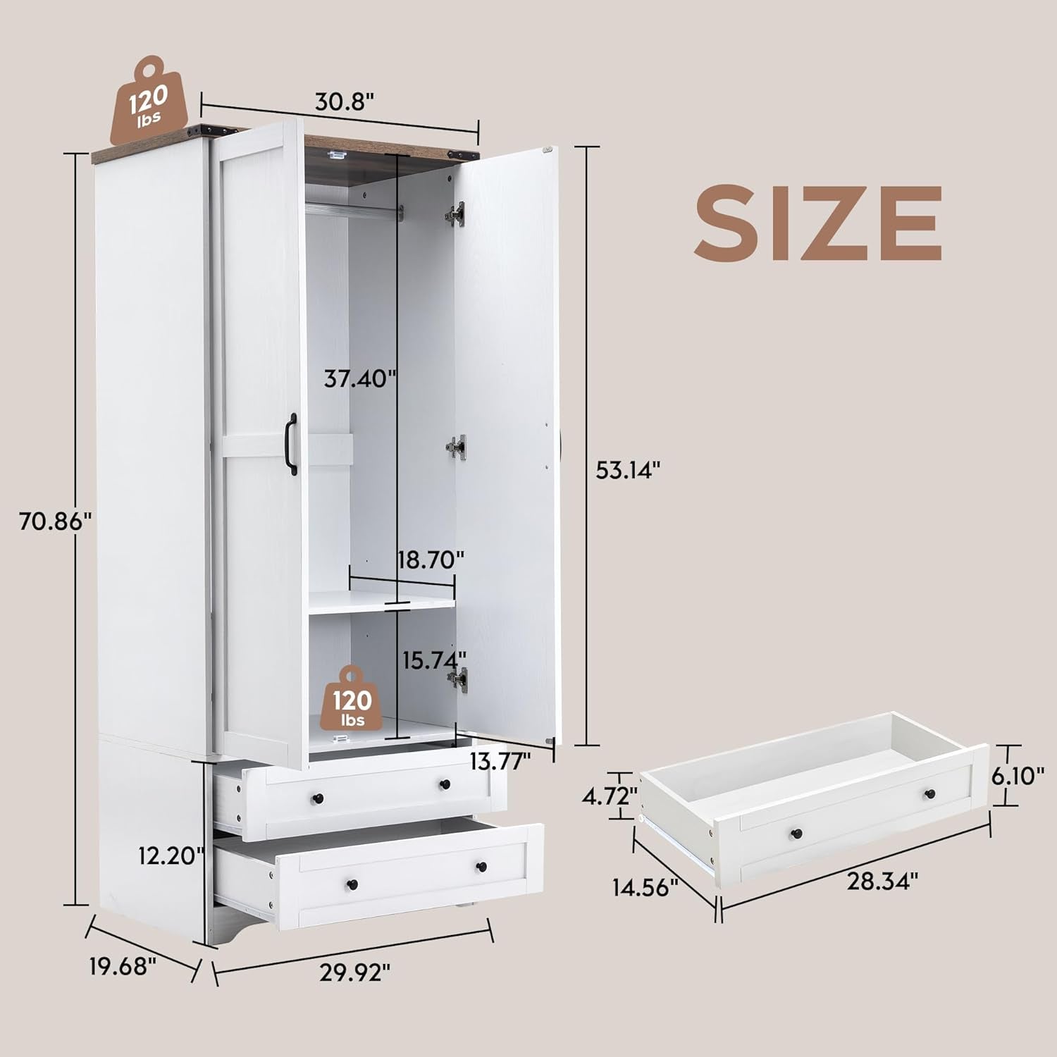 Armoire Wardrobe Closet with 2 Modern Doors, 71" Tall Freestanding Closet Wardrobe Cabinet with Drawers and Hanging Rail, Light Wooden Storage Cabinet with Shelve for Bedroom (White, 2 Doors)