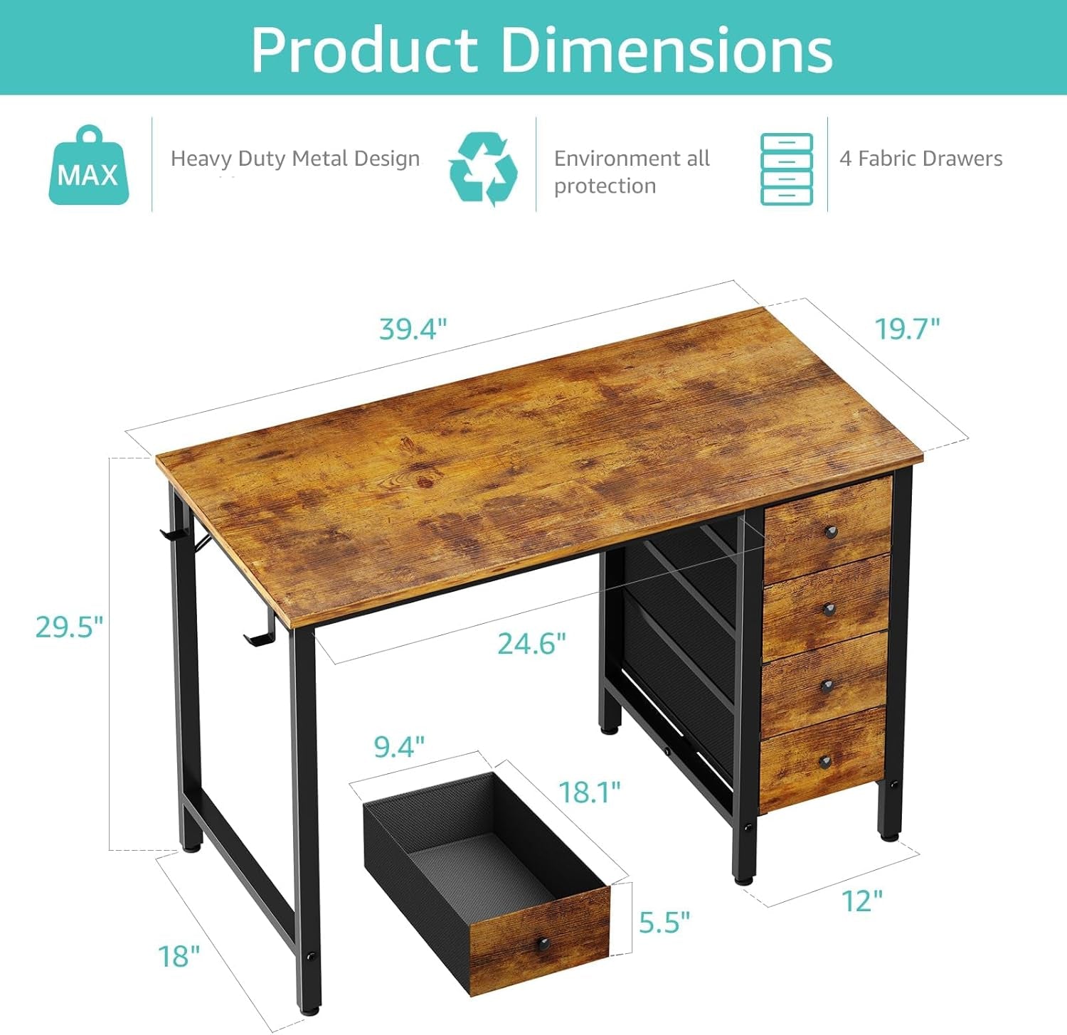 White Computer Desk with Drawers - 55 Inch Long Study Work Writing Desk for Home Office Bedroom, Reversible Simple Modern Cute PC Desks with Fabric Drawer, White