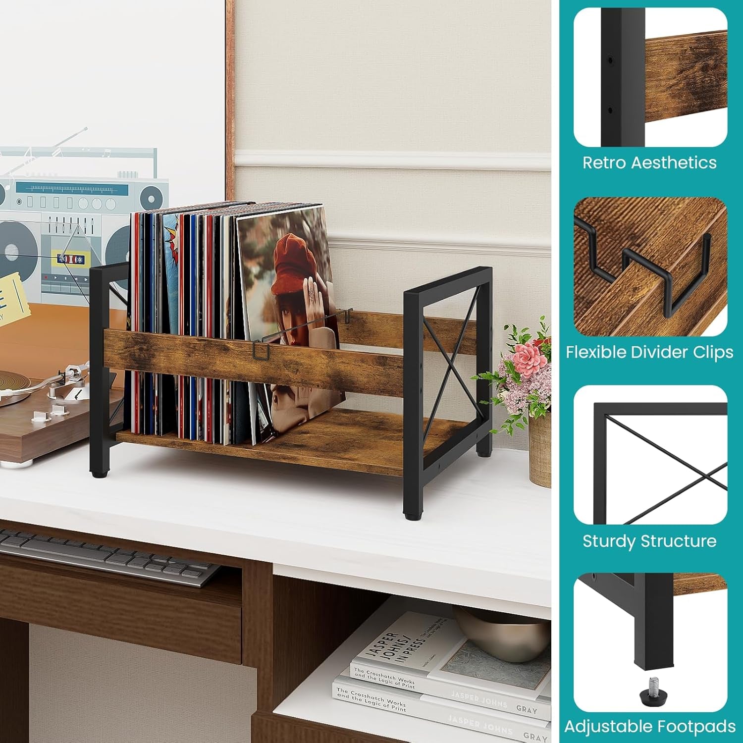 Vinyl Record Holder, Wooden Record Crate Fits 7” -12” Records, Vinyl Shelf Holds up to 50-100 Albums, Dvds, Cds or Files Wood Book Storage Stand Desktop Organizer Box, Rustic Brown