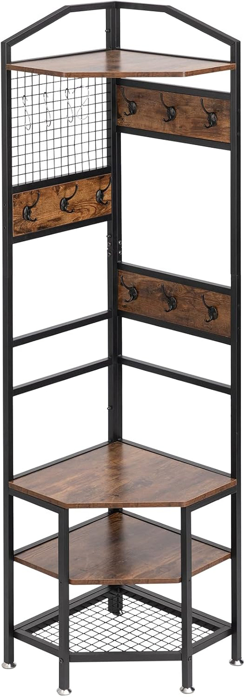 4-Tier Corner Industrial Hall Tree, Freestanding Entryway Coat Storage Rack with Hooks and Wooden Storage Shelves, Black
