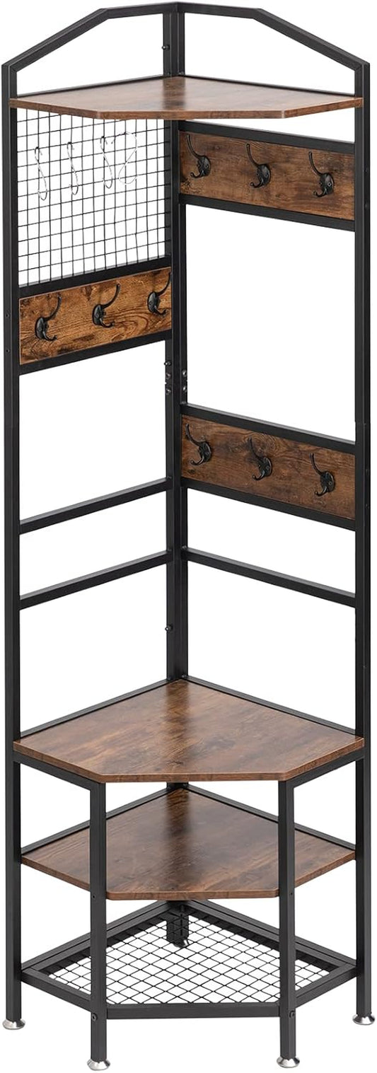 4-Tier Corner Industrial Hall Tree, Freestanding Entryway Coat Storage Rack with Hooks and Wooden Storage Shelves, Black