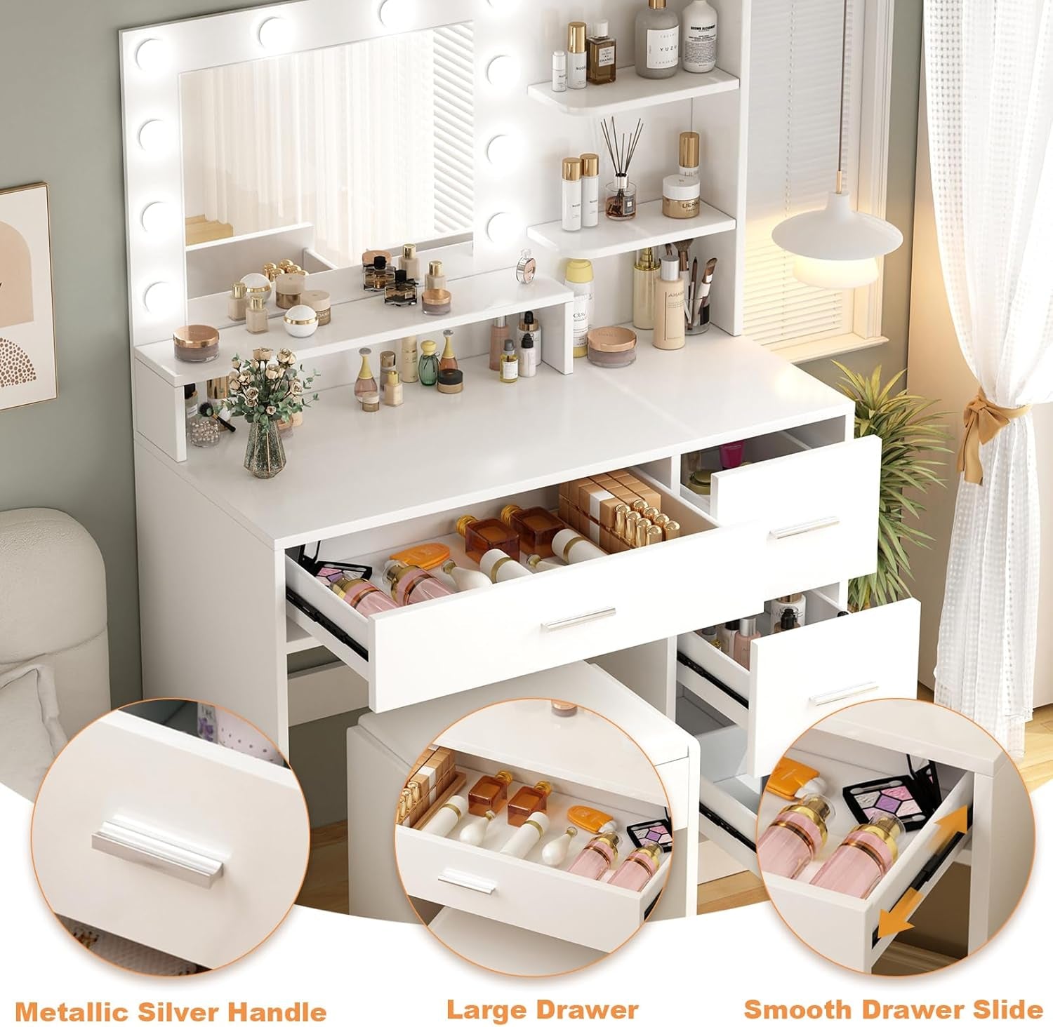 Makeup Vanity Desk with Mirror and Light,Dressing Table Set with 3 Color Modes LED Lights,Large and Three Level Storage Dresser, for Bedroom Dressing Room,White