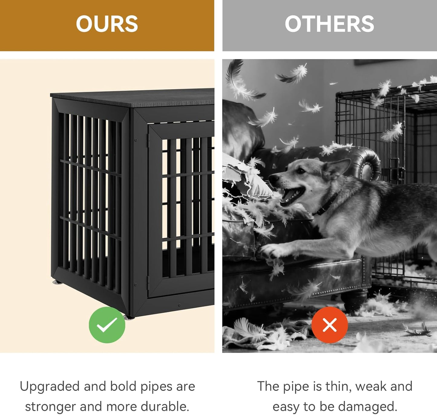 48 Inch Heavy-Duty Dog Crate Furniture, Decorative Wooden End Table Kennel with Waterproof Top & Wide Metal Tubes, for Large & Extra Large Dogs, Black