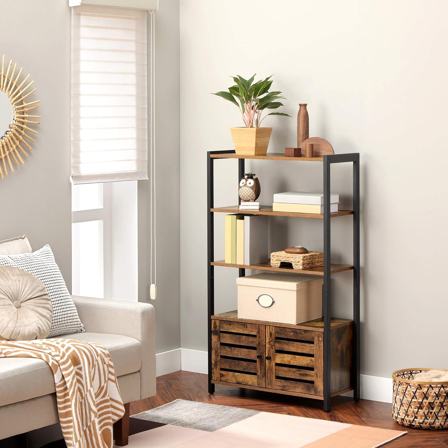LOWELL Bookshelf, Storage Cabinet with 3 Shelves and 2 Louvered Doors, Industrial Bookcase in Living Room, Study, Bedroom, Multifunctional, Rustic Brown ULSC75BX