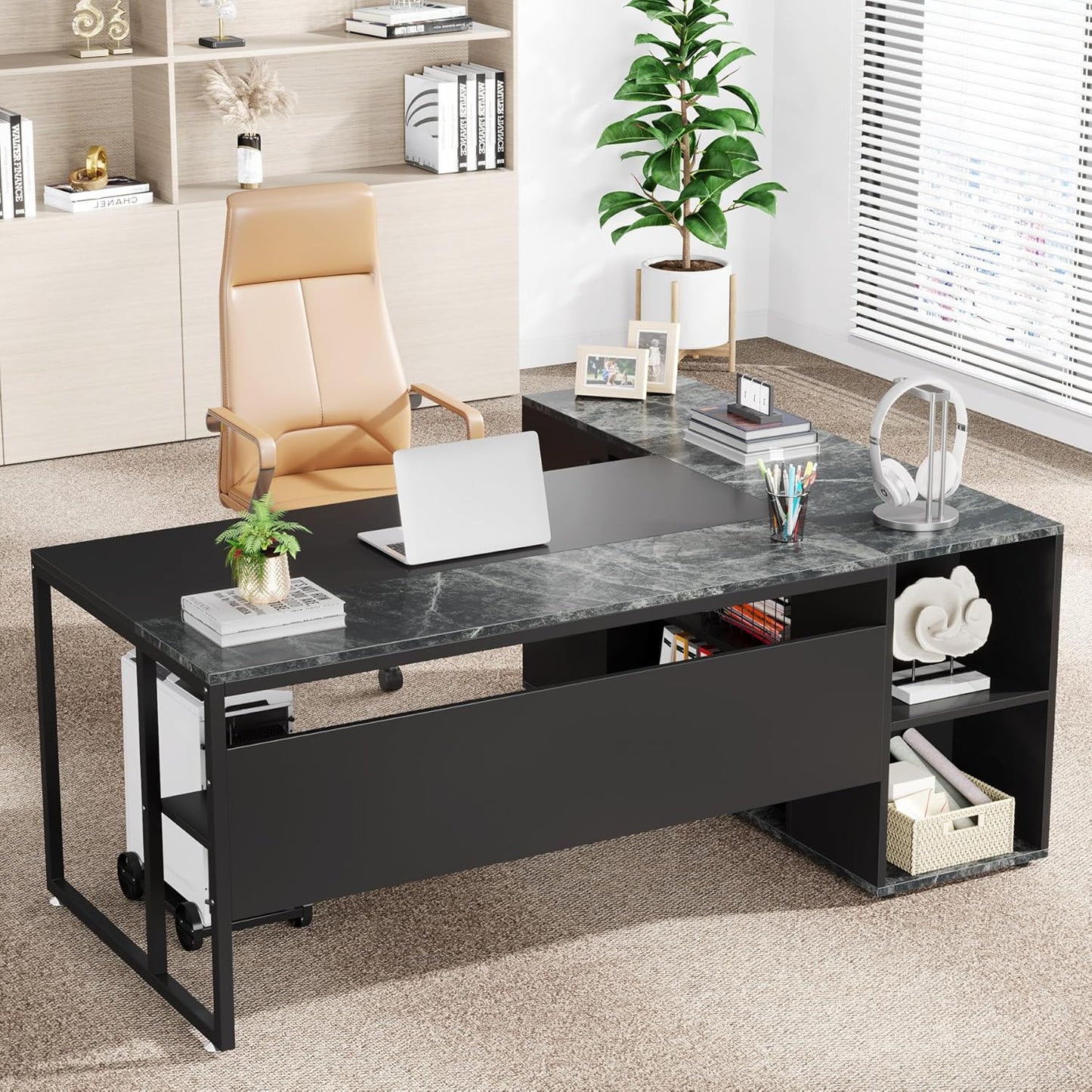 71 Inch Executive Desk, L Shaped Desk with Cabinet Storage, Executive Office Desk with Shelves, Business Furniture Set Workstation for Home Office, Black