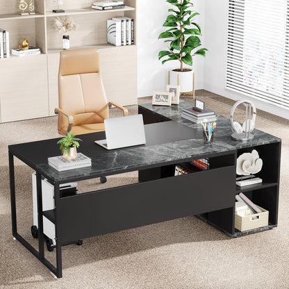 71 Inch Executive Desk, L Shaped Desk with Cabinet Storage, Executive Office Desk with Shelves, Business Furniture Set Workstation for Home Office, Black