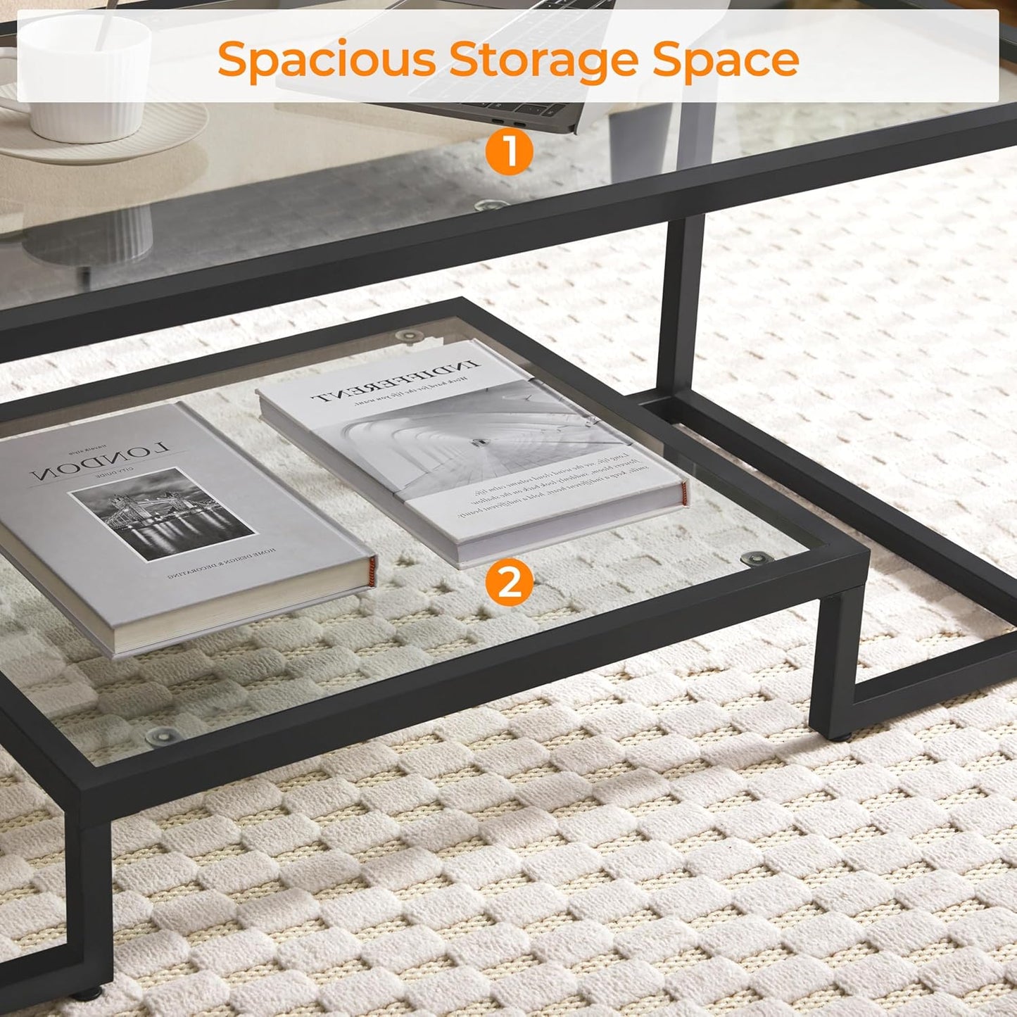 Coffee Table, Tempered Glass Coffee Table, Modern Simple Center Tables W/Geometric-Inspired Design & Metal-Frame & Easy Assembly & Open Storage Shelf for Living Room, Office, Black