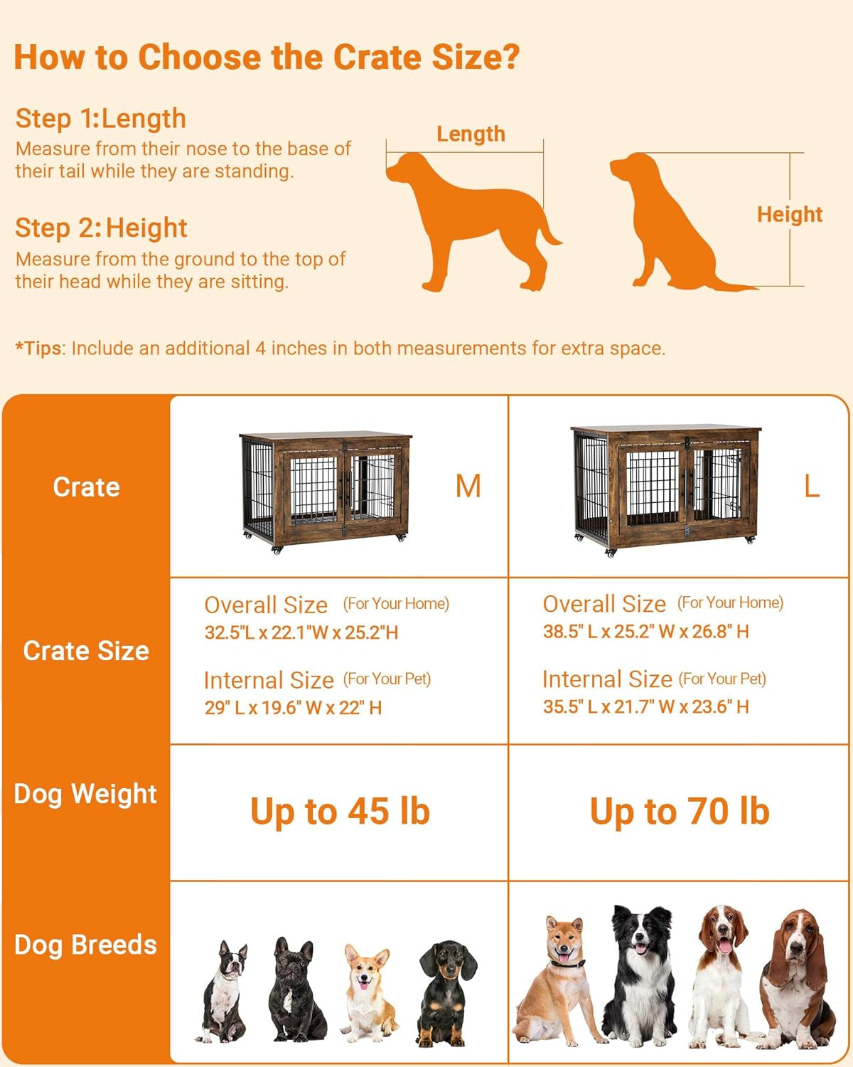 Dog Crate Furniture with Cushion, Wooden Dog Kennel Indoor with Double Doors, Dog Cage with Wheels, Dog House Side End Table for Small Medium Dogs up to 45 Lb, 32.5” L, Rustic Brown