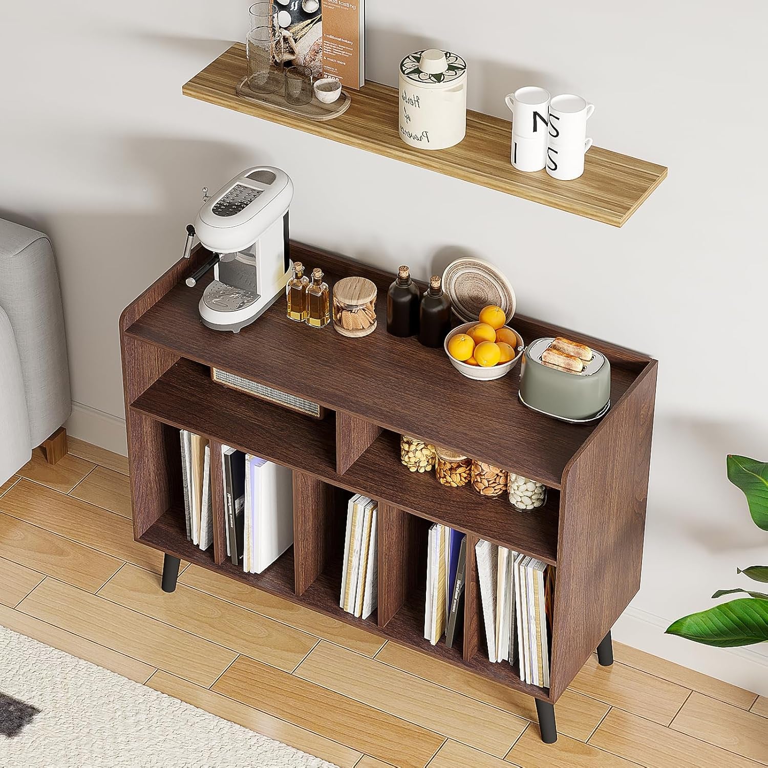 Record Player Stand, Turntable Stand with Vinyl Storage, Record Player Cabinet up to 350 Albums, Cube Storage Organizer for Living Room, Walnut