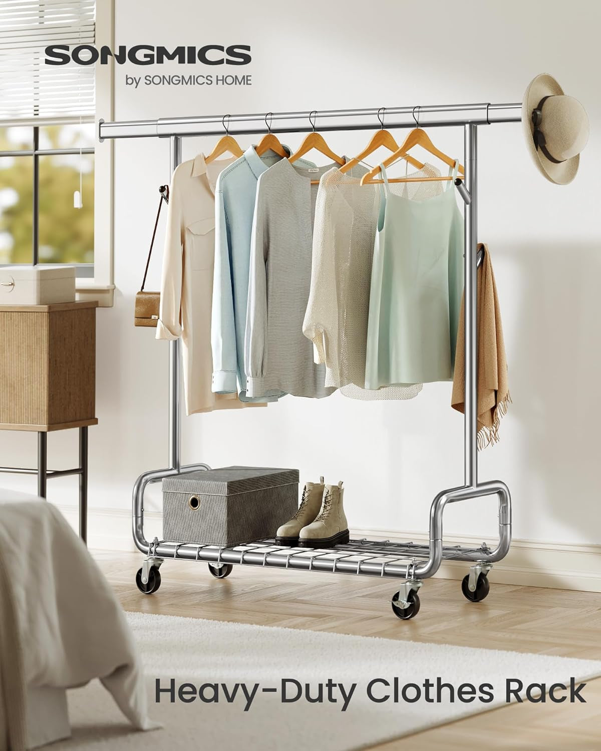 Clothes Rack, Heavy-Duty Rolling Clothing Garment Rack with Wheels, Extendable Hanging Rod and Adjustable Height, Portable, with Shelf and Hooks, Silver UHSR014E01